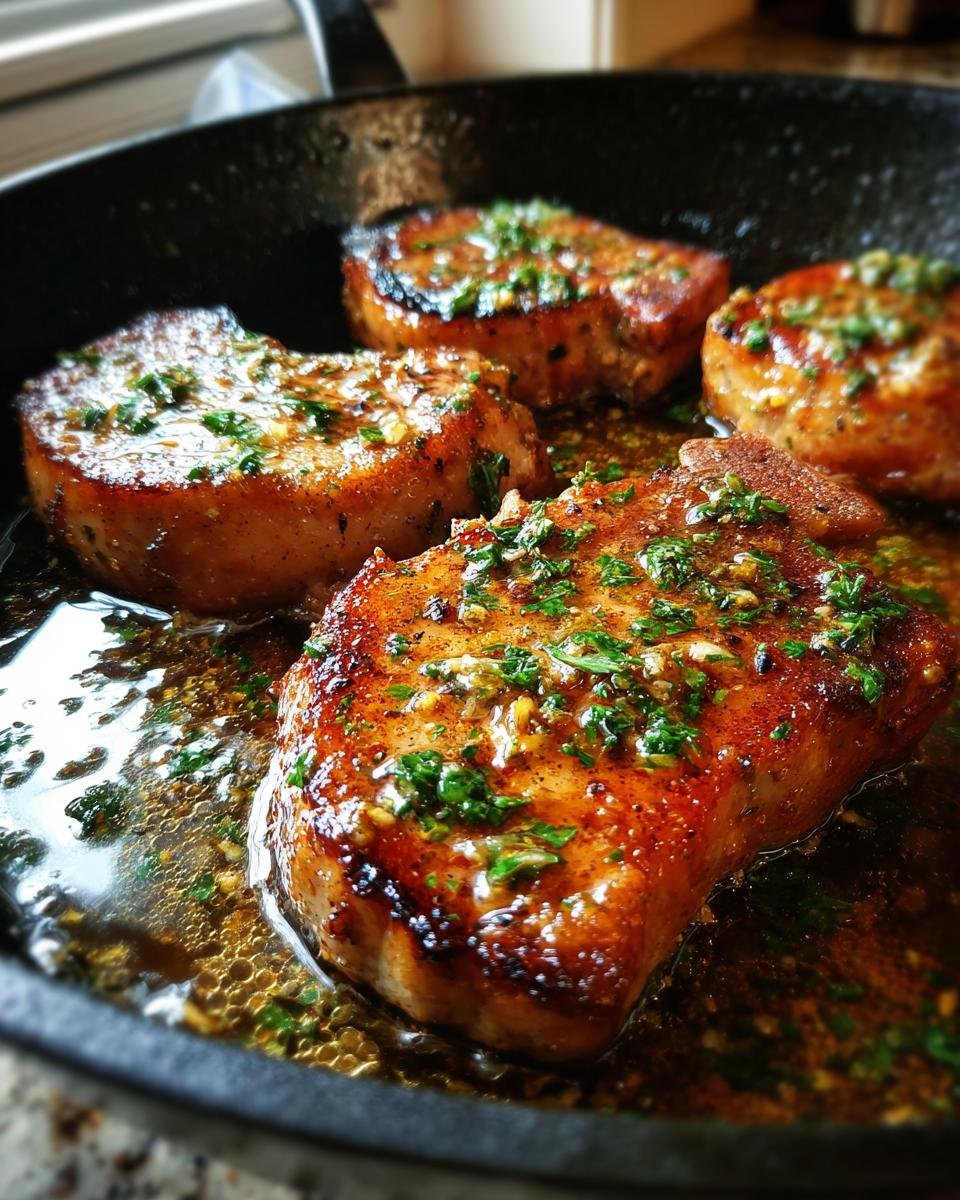 Close-up of juicy garlic butter pork chops sizzling in a cast iron skillet with fresh parsley.