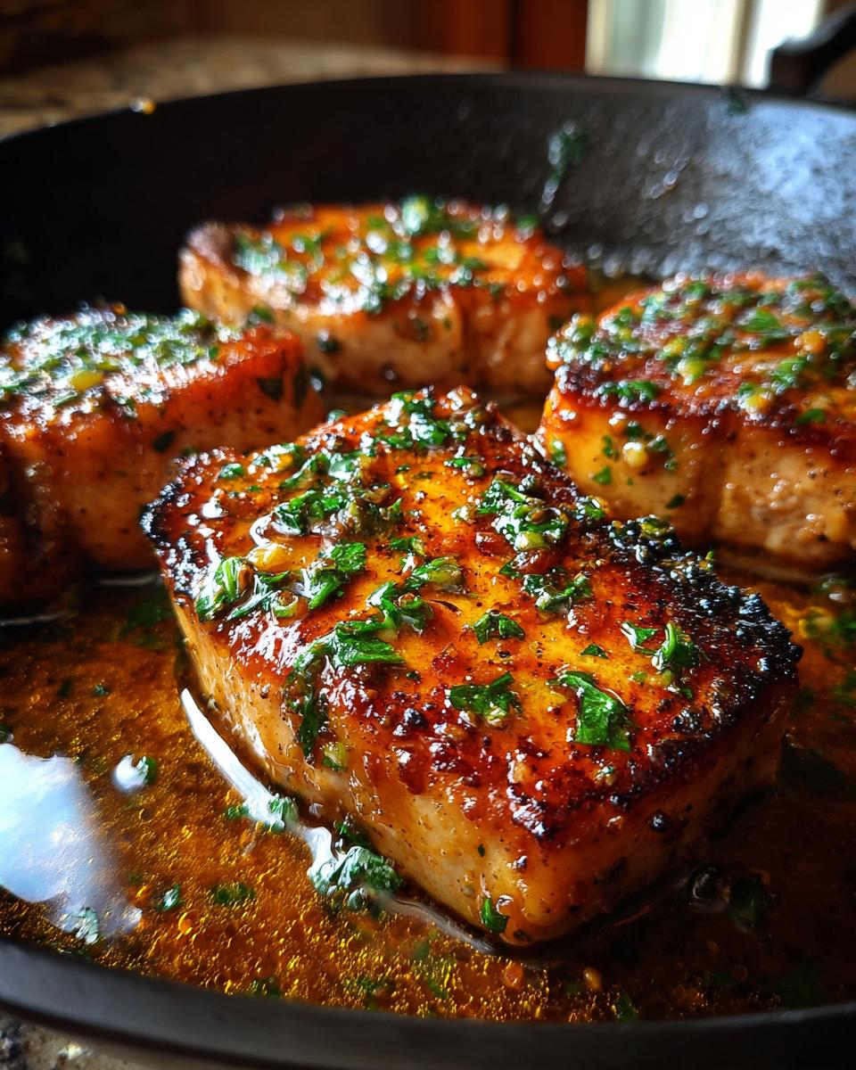 Close-up of juicy garlic butter pork chops sizzling in a cast iron skillet, topped with fresh parsley.