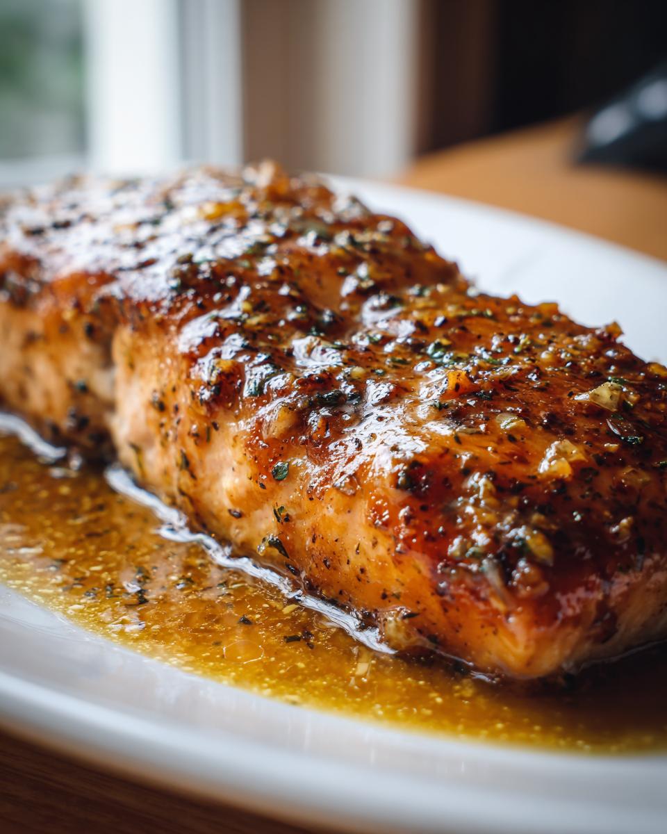 Close-up of a perfectly cooked garlic butter salmon fillet glistening with sauce and herbs on a white plate.