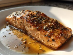 A close-up of a perfectly cooked garlic butter salmon fillet, glistening with sauce and herbs on a white plate.