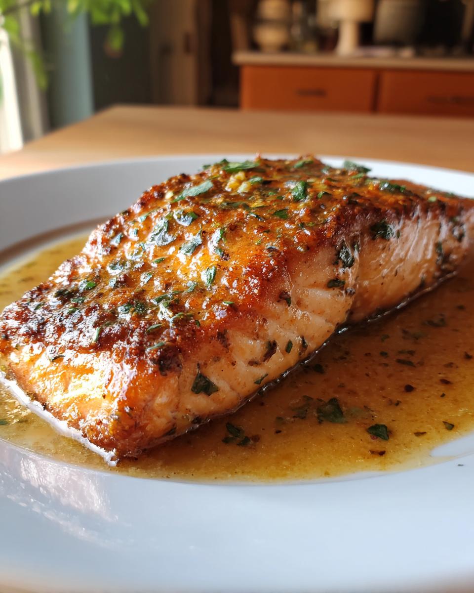 A close-up of a perfectly cooked garlic butter salmon fillet served in a rich, golden sauce with fresh parsley.