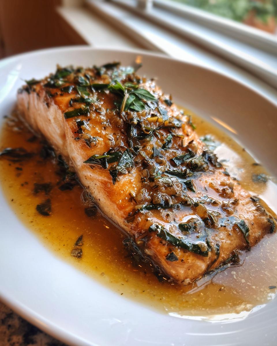 A perfectly cooked fillet of garlic butter salmon, glistening with sauce and herbs, served on a white plate.