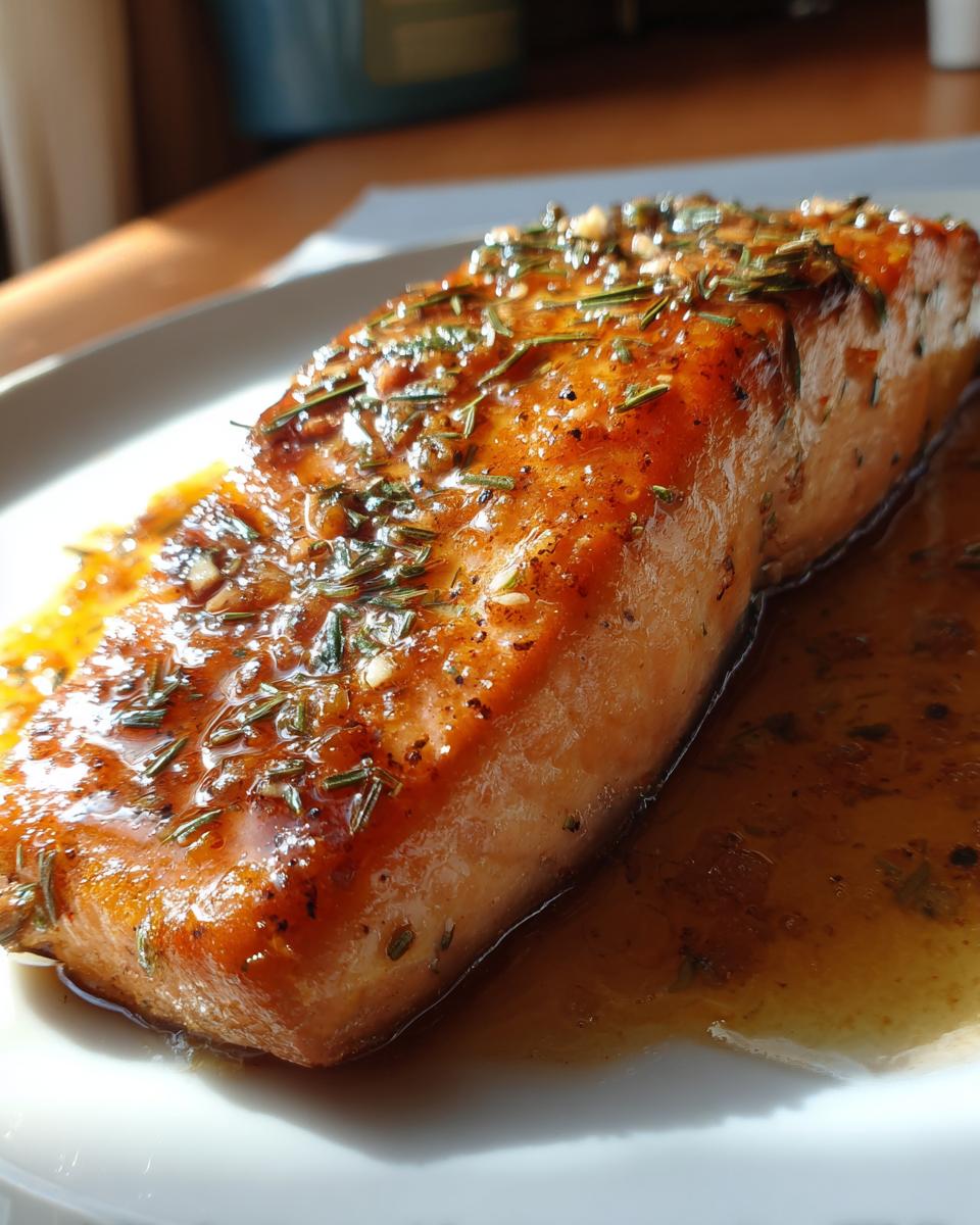 A close-up of a perfectly cooked garlic butter salmon fillet, glistening with sauce and herbs.
