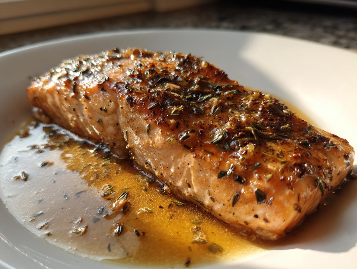 A close-up of a perfectly cooked garlic butter salmon fillet, glistening with sauce and herbs on a white plate.
