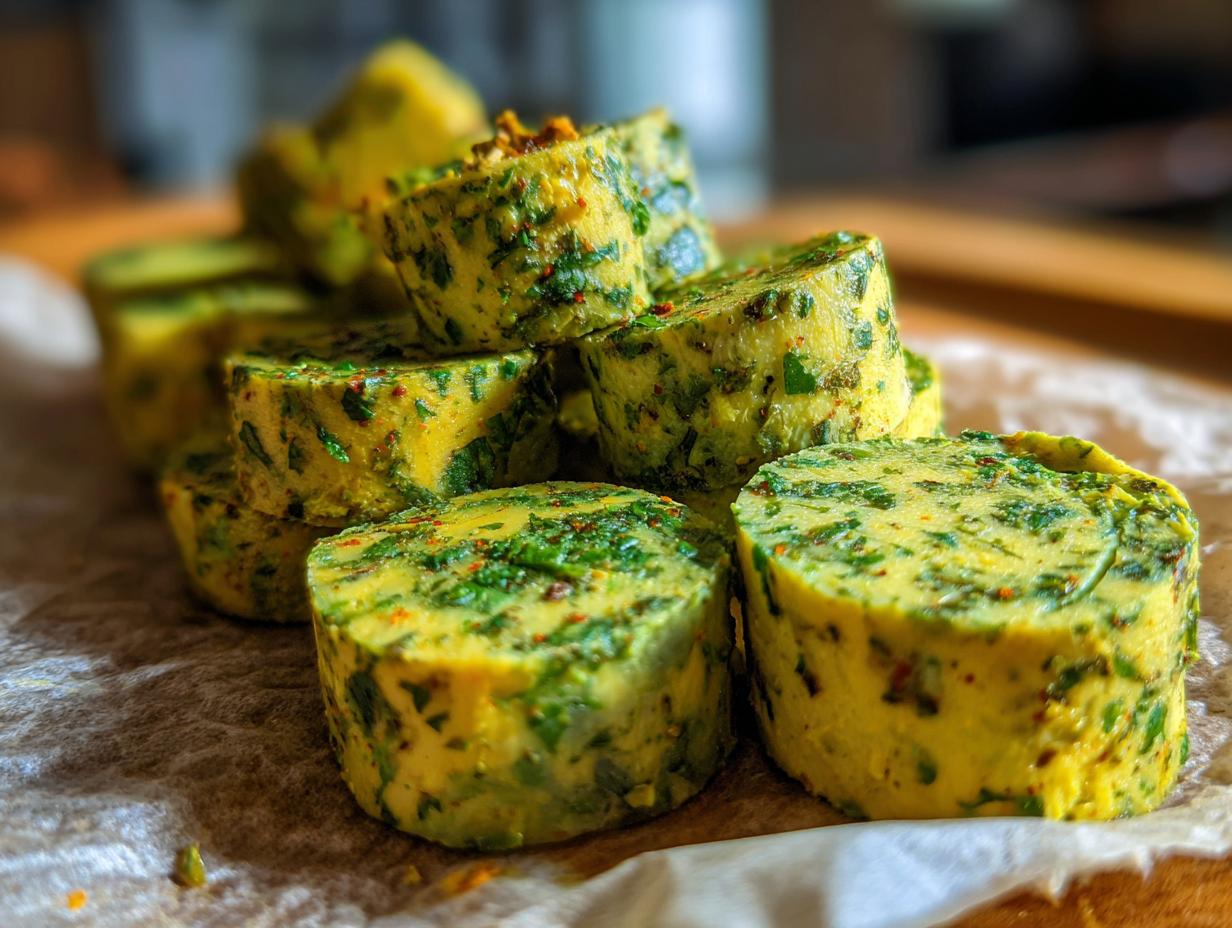 Close-up of sliced garlic butter logs mixed with fresh green herbs and red pepper flakes.