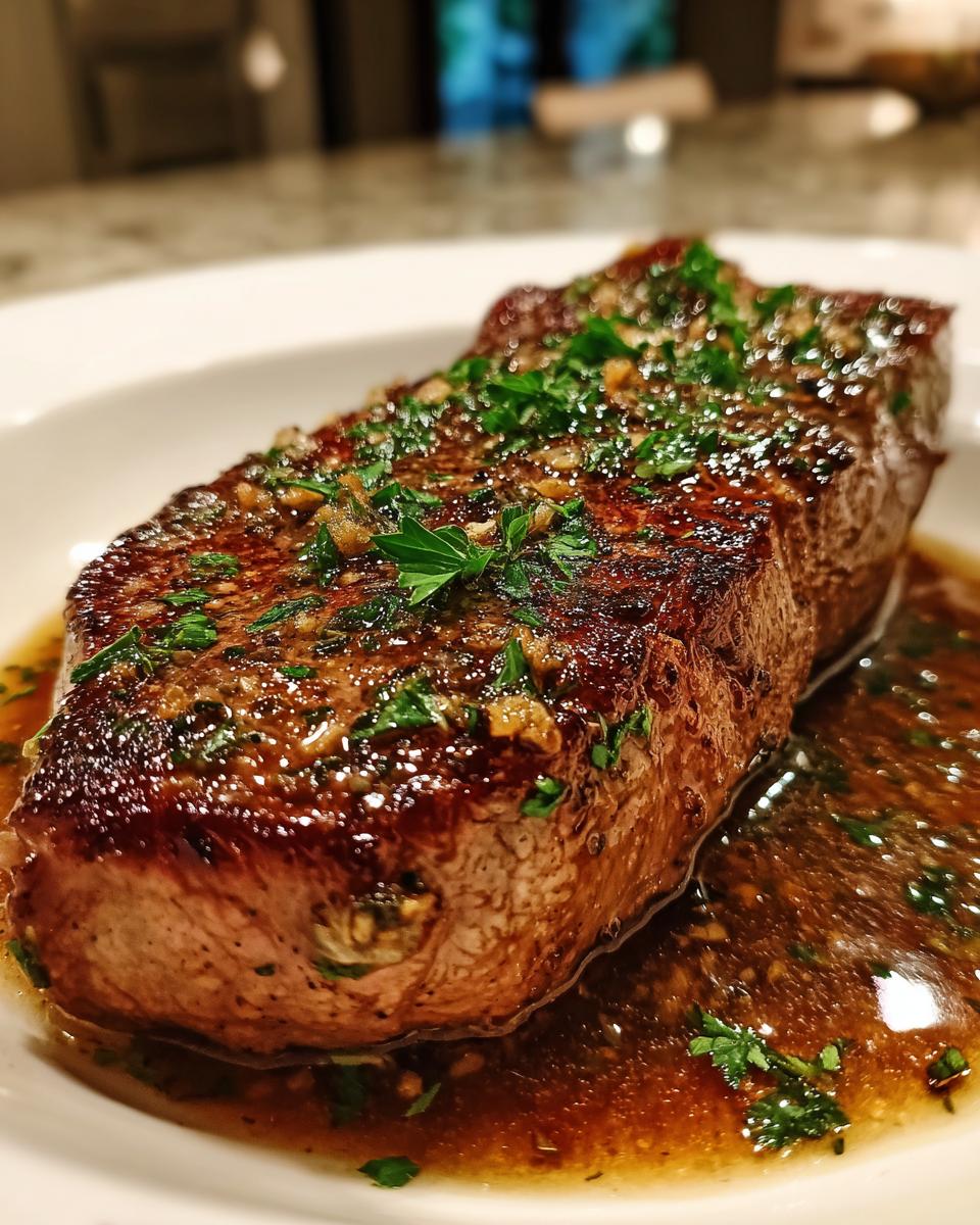 Close-up of a juicy garlic butter steak, glistening with sauce and topped with fresh parsley.