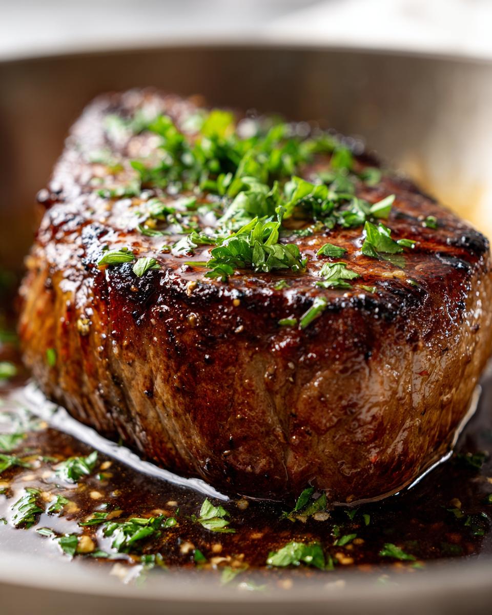 A close-up of a perfectly cooked garlic butter steak, glistening with sauce and topped with fresh parsley.