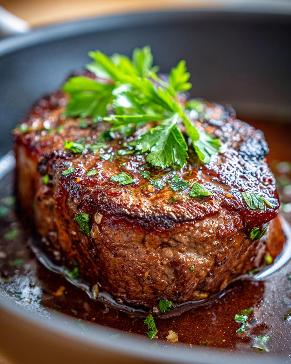 Close-up of a perfectly cooked garlic butter steak in a cast iron pan, garnished with fresh parsley.