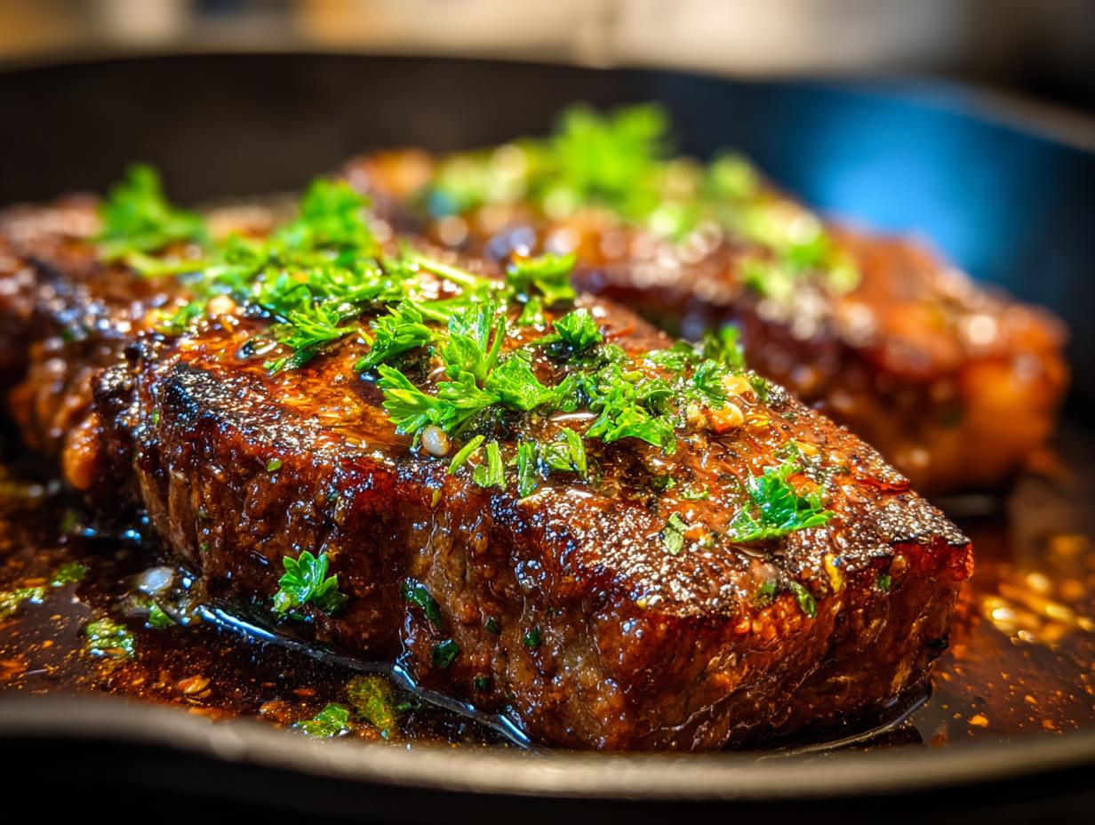 Close-up of two juicy garlic butter steaks, glistening and topped with fresh parsley, in a cast-iron skillet.
