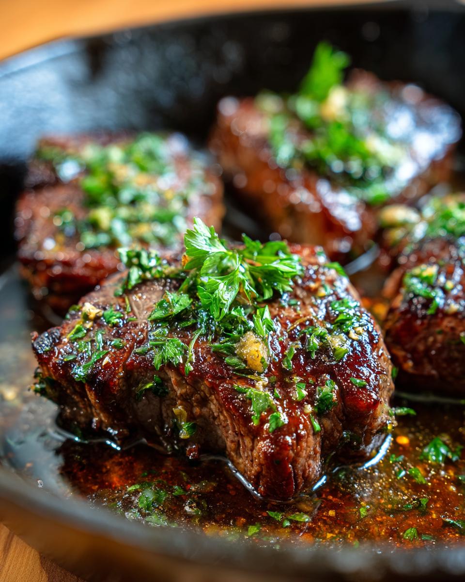Close-up of juicy garlic butter steak topped with fresh parsley in a cast iron skillet.