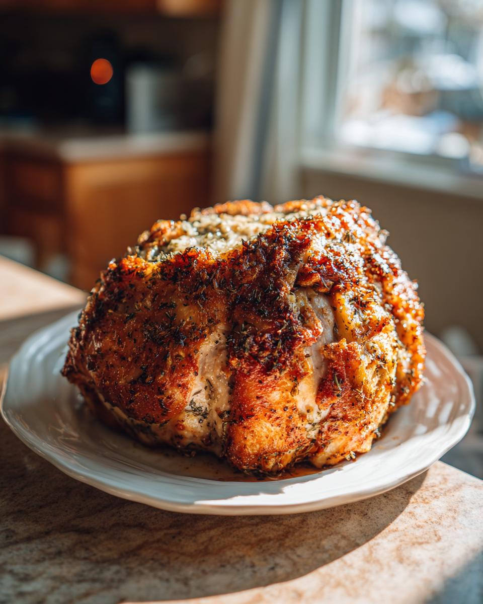 A beautifully roasted garlic herb turkey breast on a white plate, glistening with juices and herbs.