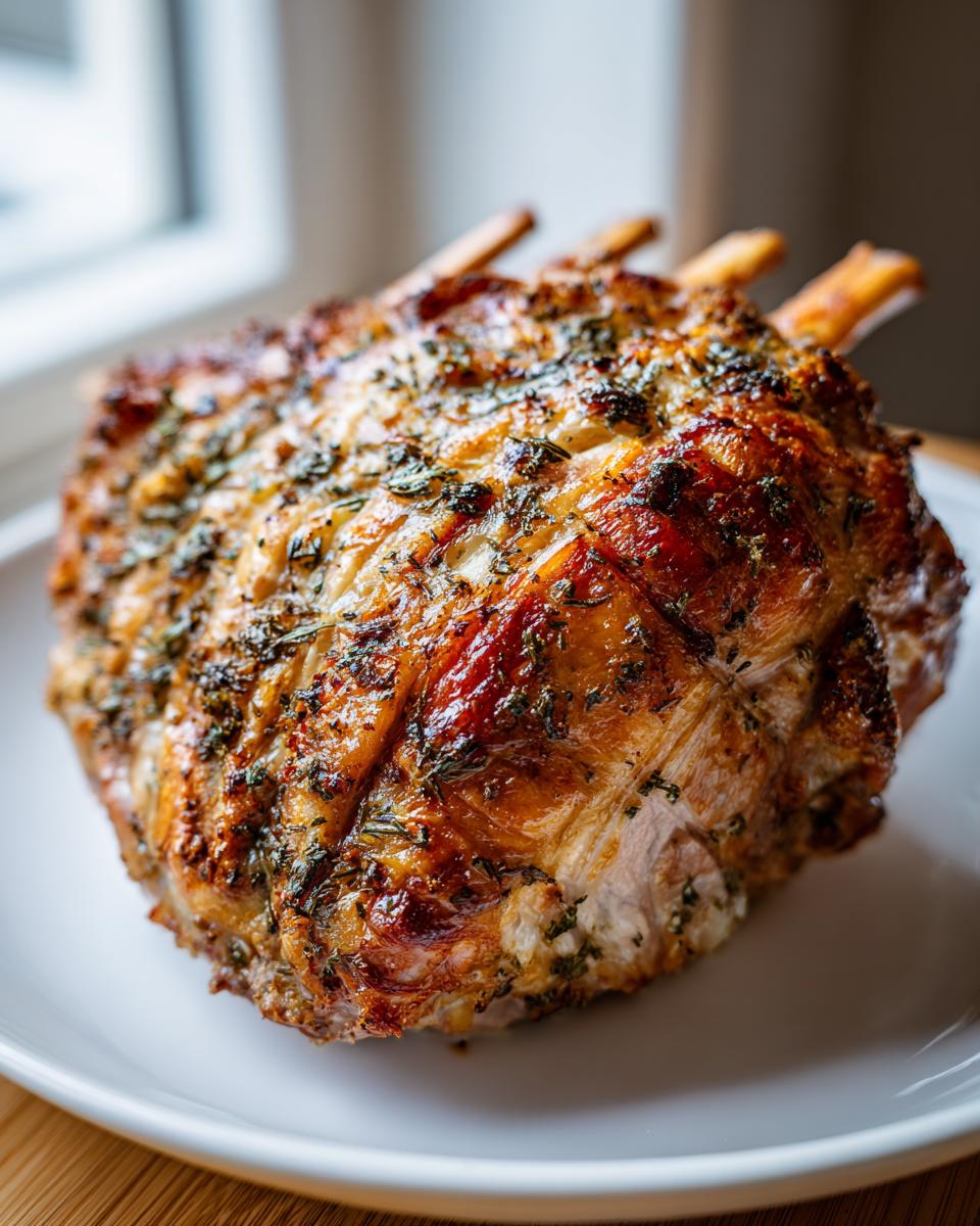 A golden-brown roasted garlic herb turkey breast with visible herbs and scoring on a white plate.