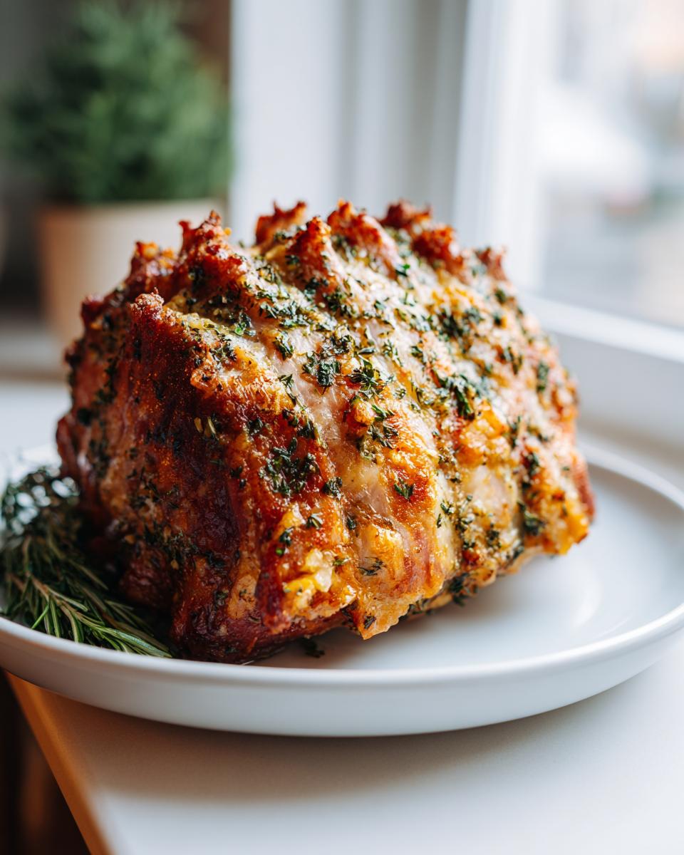 A beautifully roasted garlic herb turkey breast on a white plate, garnished with rosemary.