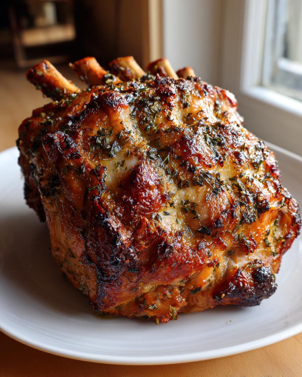 A beautifully roasted garlic herb turkey breast with visible herbs and crispy skin, presented on a white plate.