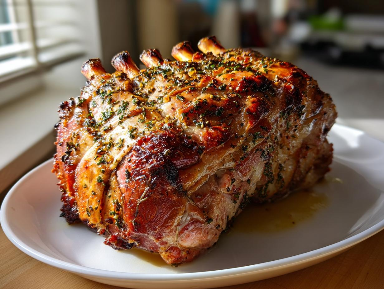 A juicy, golden-brown Garlic Herb Turkey Breast roast with visible herbs and spices, resting on a white plate.