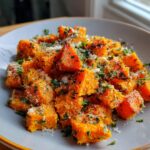 A close-up of crispy garlic parmesan roasted sweet potatoes, sprinkled with fresh parsley and grated cheese.