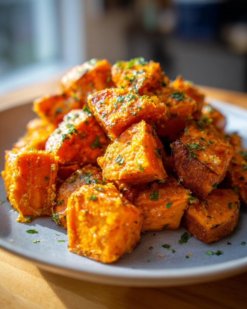A close-up of crispy garlic parmesan roasted sweet potatoes, seasoned with herbs, piled on a plate.