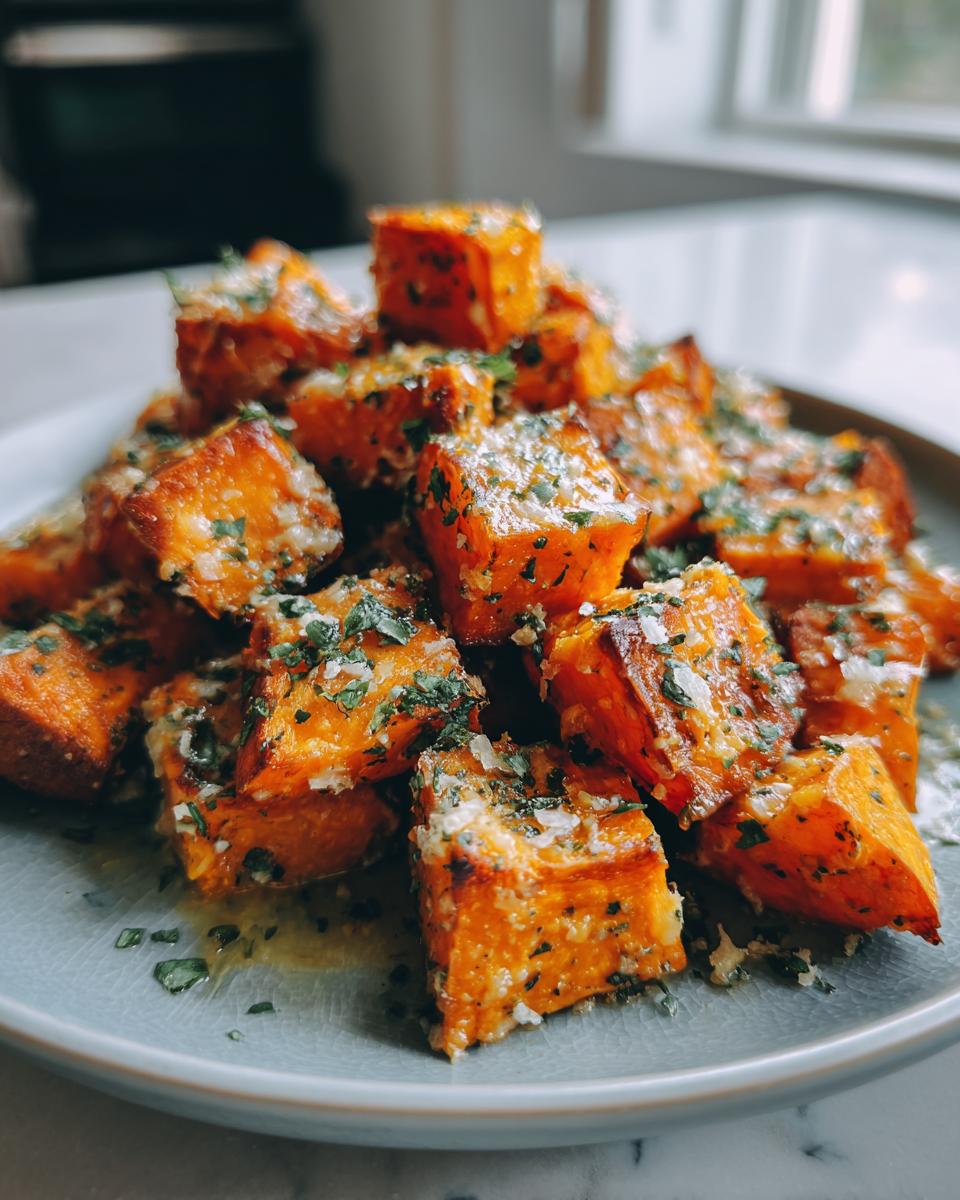 A close-up of a pile of garlic parmesan roasted sweet potatoes, seasoned with fresh parsley.