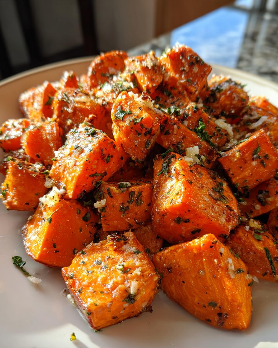 A close-up shot of delicious garlic parmesan roasted sweet potatoes, seasoned with herbs.