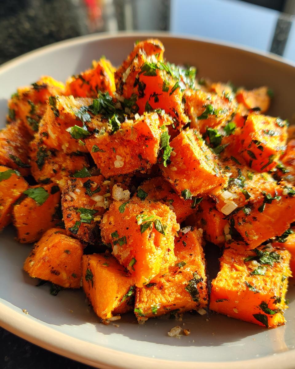 A close-up, overhead view of crispy garlic parmesan roasted sweet potatoes, seasoned with fresh parsley.