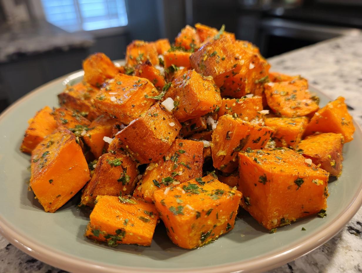 A close-up of a plate piled high with crispy garlic parmesan roasted sweet potatoes, seasoned with herbs.