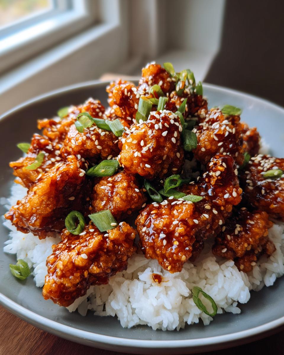 A close-up of crispy General Tso's chicken pieces coated in a glossy sauce, served over a bed of white rice and garnished with sesame seeds and green onions.