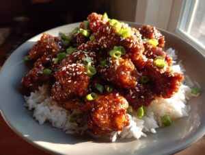 A close-up of General Tso's chicken served over white rice, garnished with sesame seeds and chopped green onions.