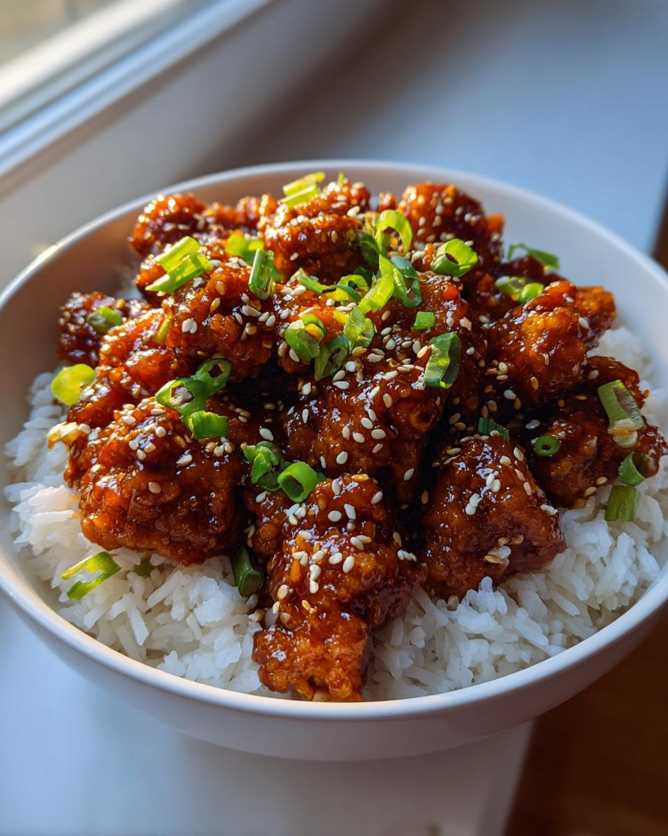 A bowl of fluffy white rice topped with glistening General Tso's chicken, garnished with sesame seeds and chopped green onions.