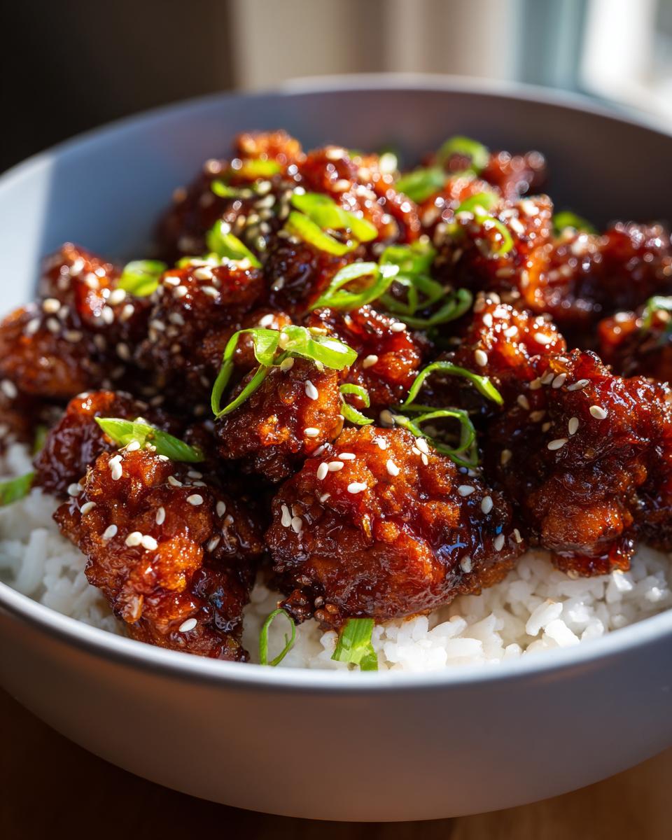 Close-up of crispy General Tso's chicken pieces coated in a glossy sauce, served over white rice and garnished with sesame seeds and green onions.