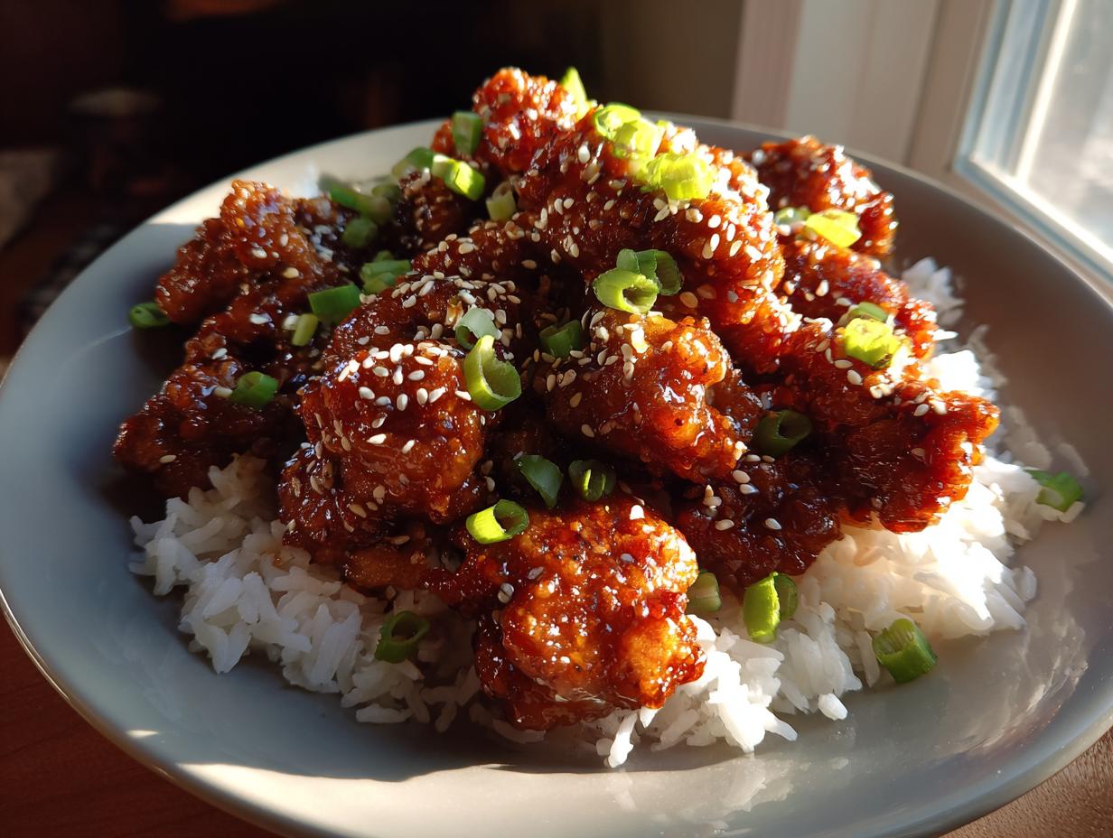 A close-up of General Tso's chicken served over white rice, garnished with sesame seeds and chopped green onions.