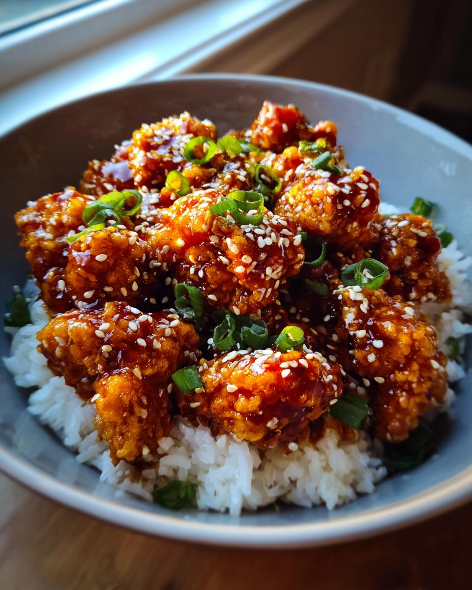 A bowl of fluffy white rice topped with crispy General Tso's chicken, garnished with sesame seeds and chopped green onions.