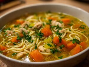 A close-up bowl of Ginger Garlic Chicken Noodle Soup with noodles, chicken, carrots, and parsley.