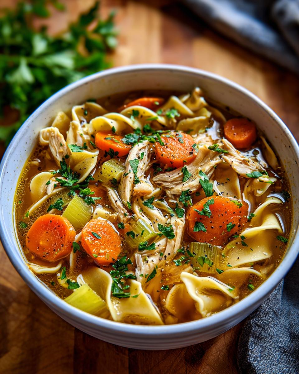 A comforting bowl of Ginger Garlic Chicken Noodle Soup with shredded chicken, wide noodles, carrots, and celery, garnished with parsley.