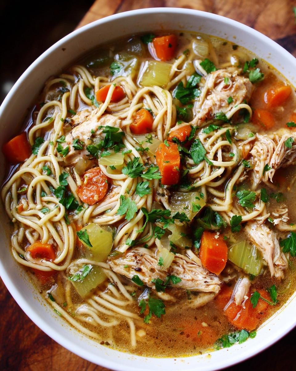 A close-up bowl of Amazing Ginger Garlic Chicken Noodle Soup with shredded chicken, noodles, carrots, celery, and parsley.