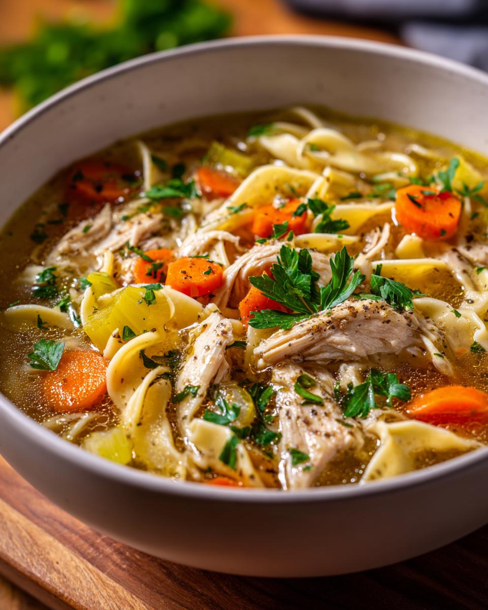 A close-up of a steaming bowl of Ginger Garlic Chicken Noodle Soup, filled with noodles, shredded chicken, carrots, and celery, garnished with parsley.