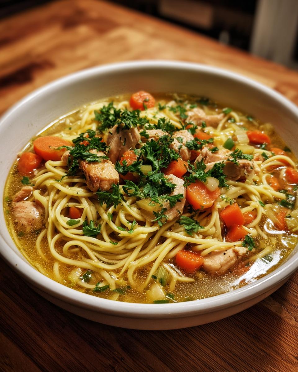 A close-up of a steaming bowl of Ginger Garlic Chicken Noodle Soup, filled with noodles, chicken pieces, carrots, and parsley.
