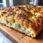 Close-up of a slice of golden-brown gluten free focaccia, topped with rosemary and sea salt.