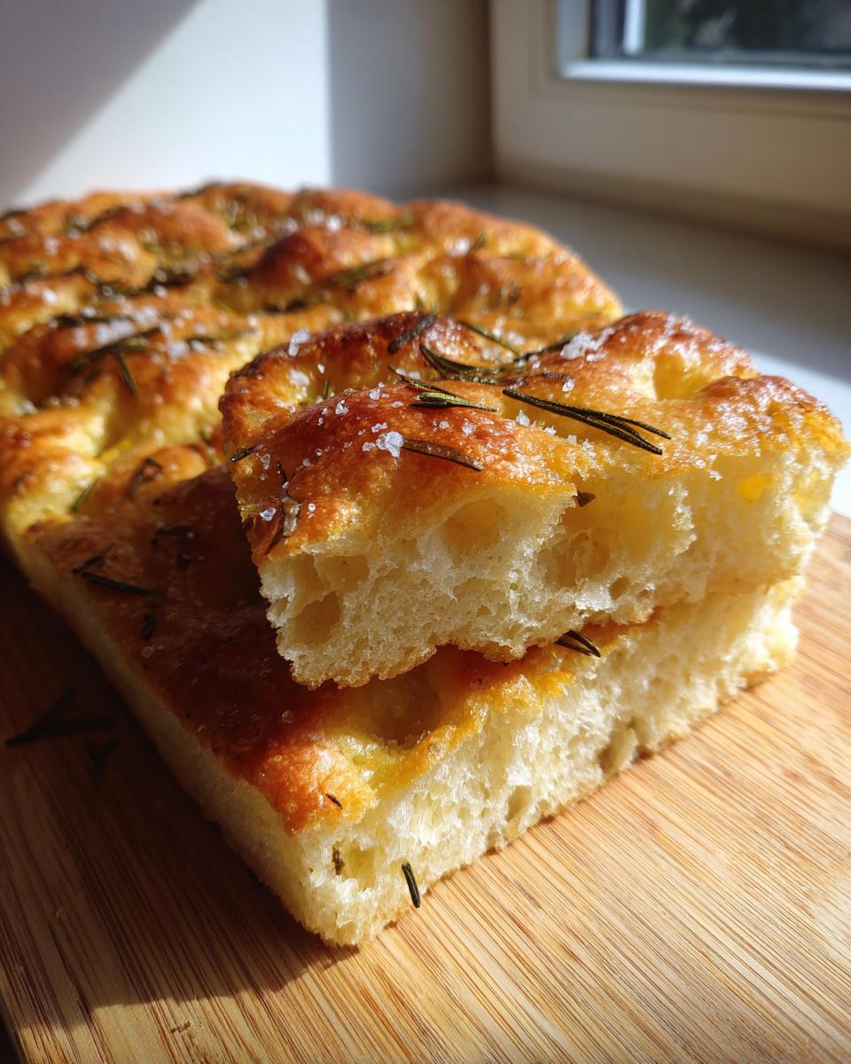 Close-up of a slice of golden-brown gluten free focaccia bread topped with rosemary and sea salt.