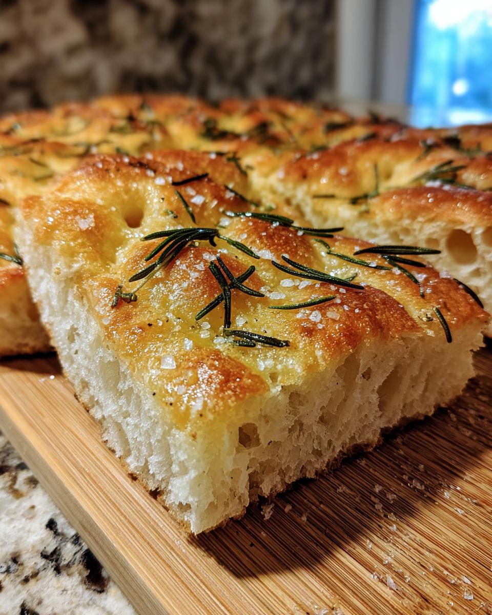 Close-up of a slice of delicious gluten free focaccia bread, topped with fresh rosemary and coarse sea salt.