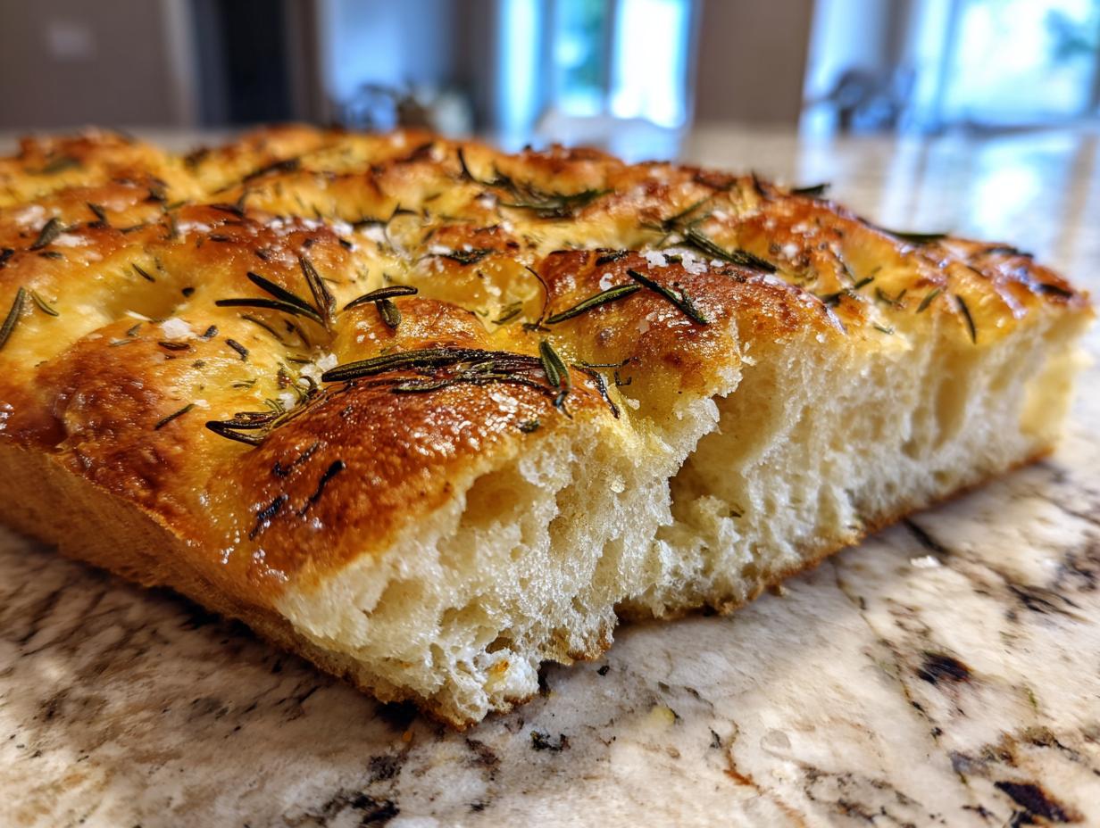 Close-up of a thick slice of golden-brown gluten free focaccia bread topped with fresh rosemary and coarse sea salt.
