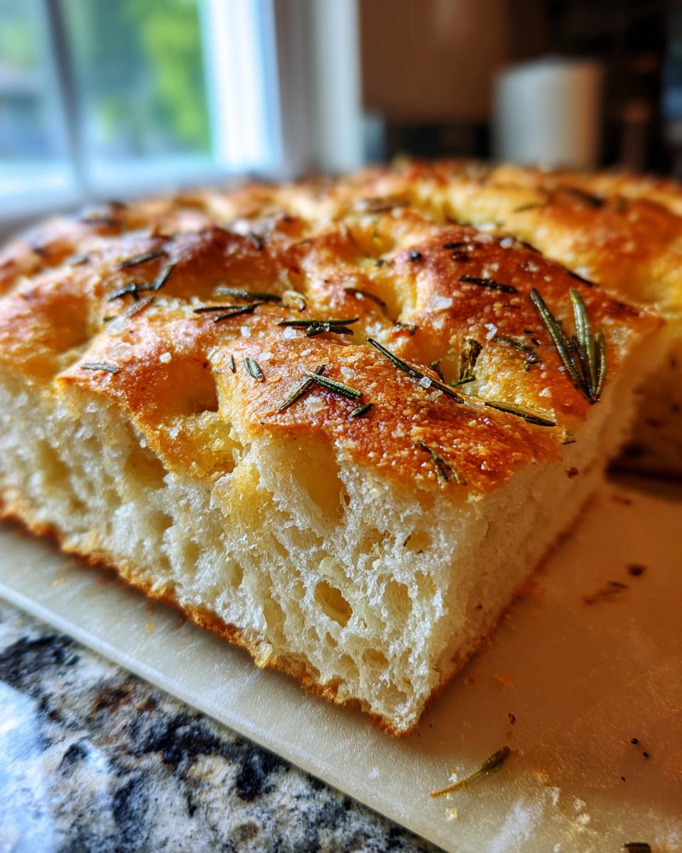 Close-up of a slice of golden-brown gluten free focaccia bread topped with rosemary and coarse salt.