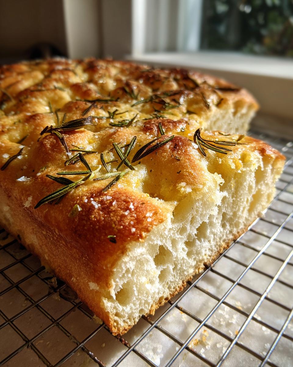 A close-up of a slice of delicious gluten free focaccia bread topped with fresh rosemary and coarse sea salt.