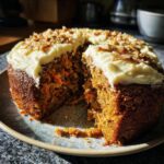 A moist slice of Gordon Ramsay carrot cake, topped with cream cheese frosting and chopped nuts.
