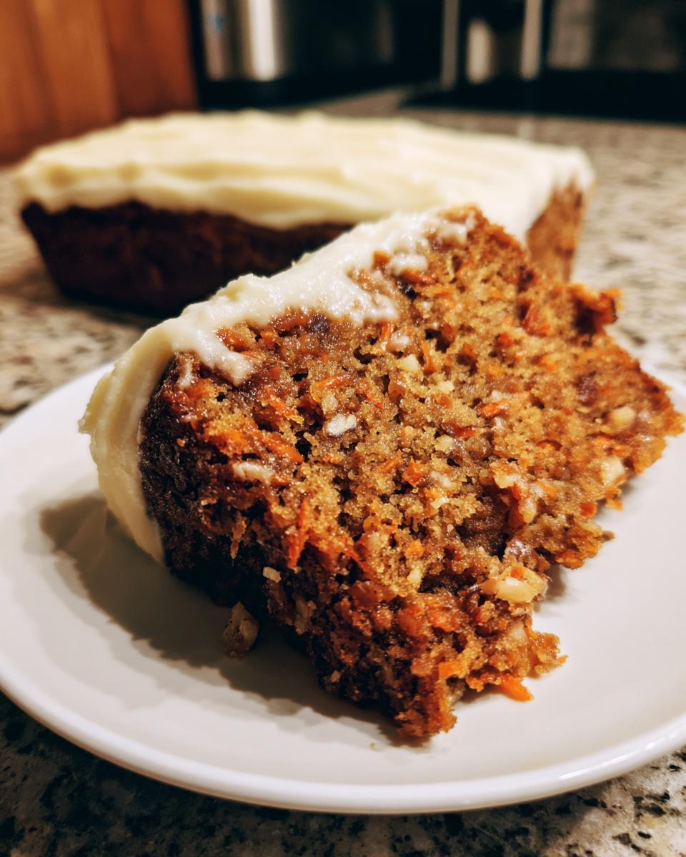 A moist slice of Gordon Ramsay carrot cake, topped with creamy frosting, on a white plate.