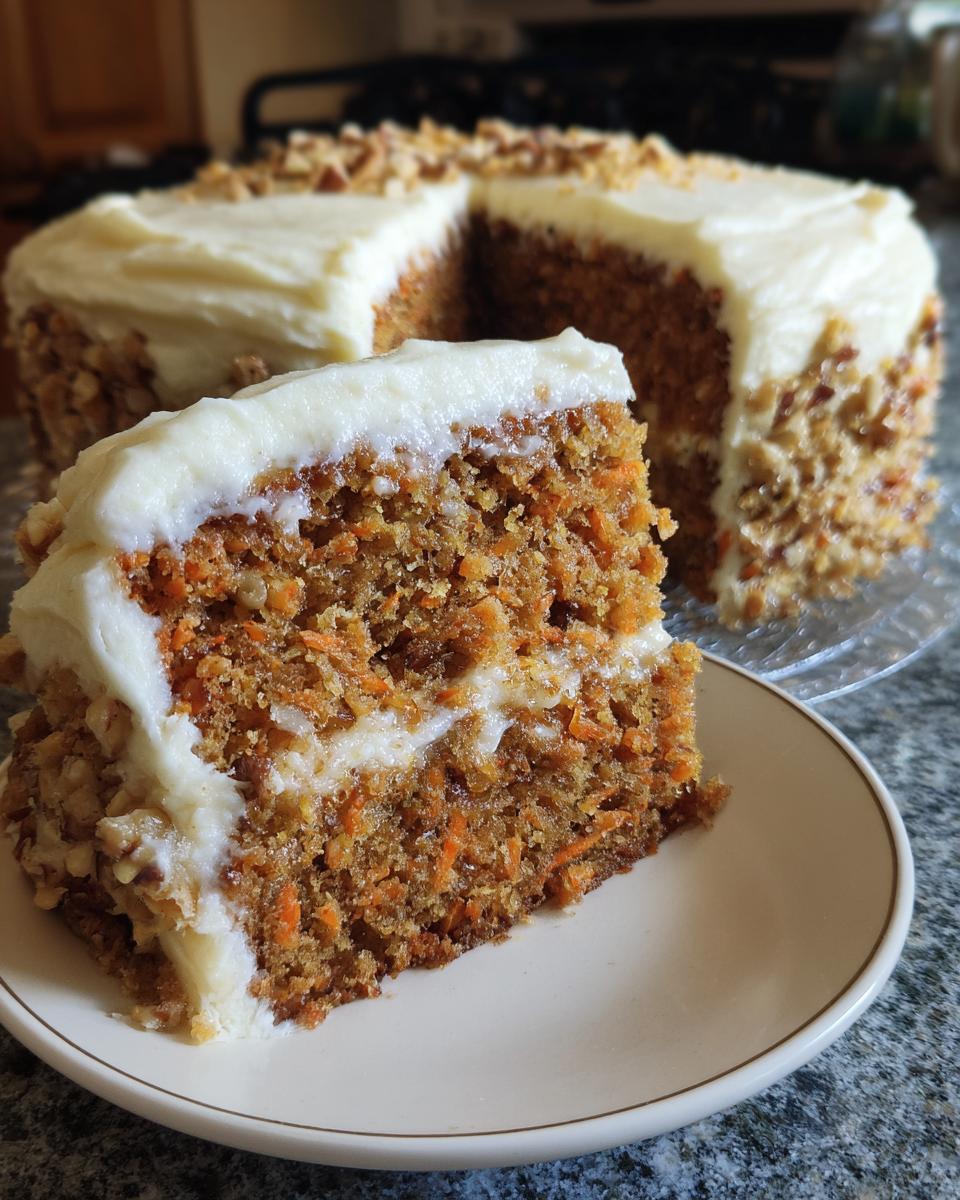 A moist slice of Gordon Ramsay carrot cake, generously frosted with cream cheese icing and topped with chopped nuts.