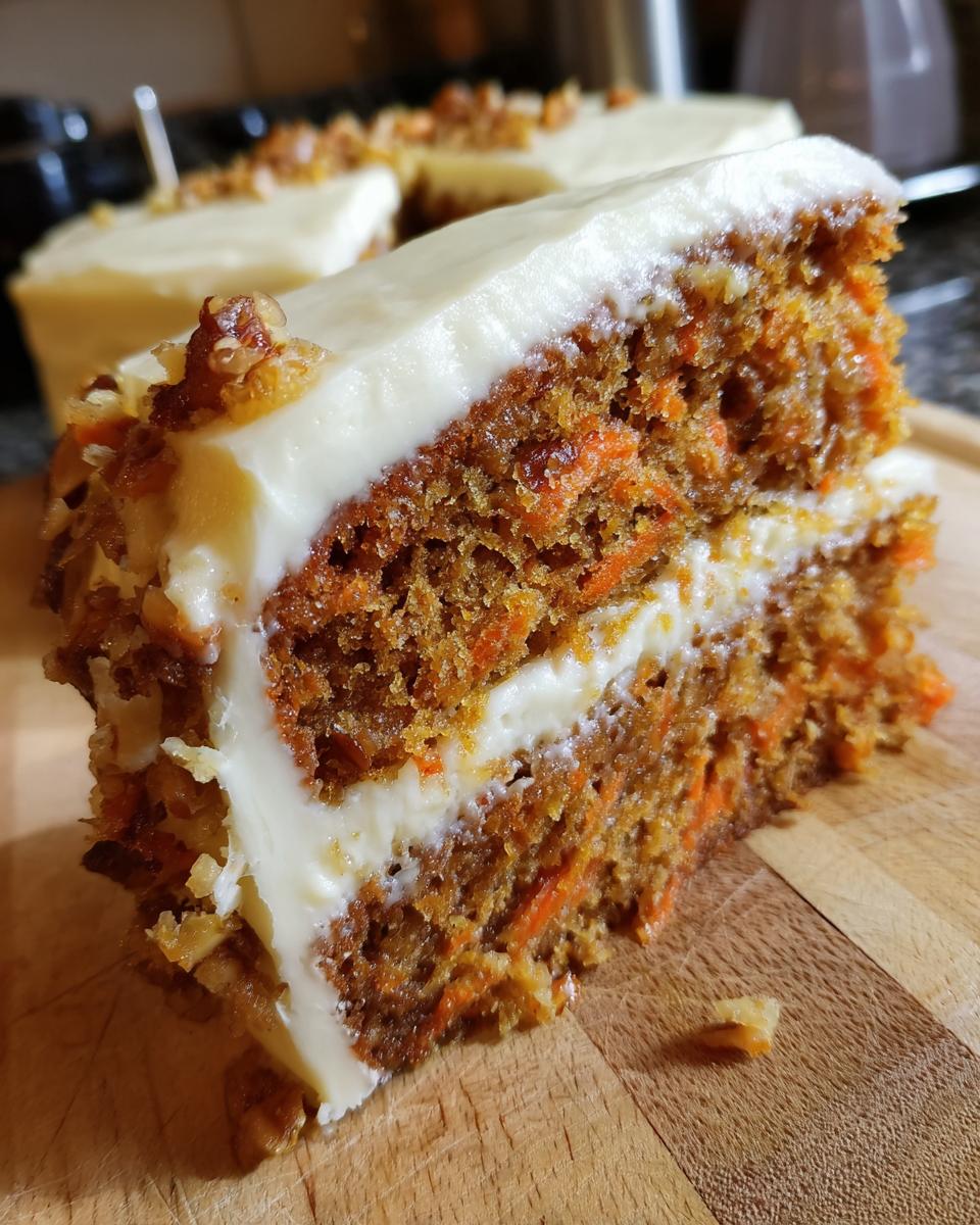 A moist slice of Gordon Ramsay carrot cake with thick cream cheese frosting and chopped walnuts.