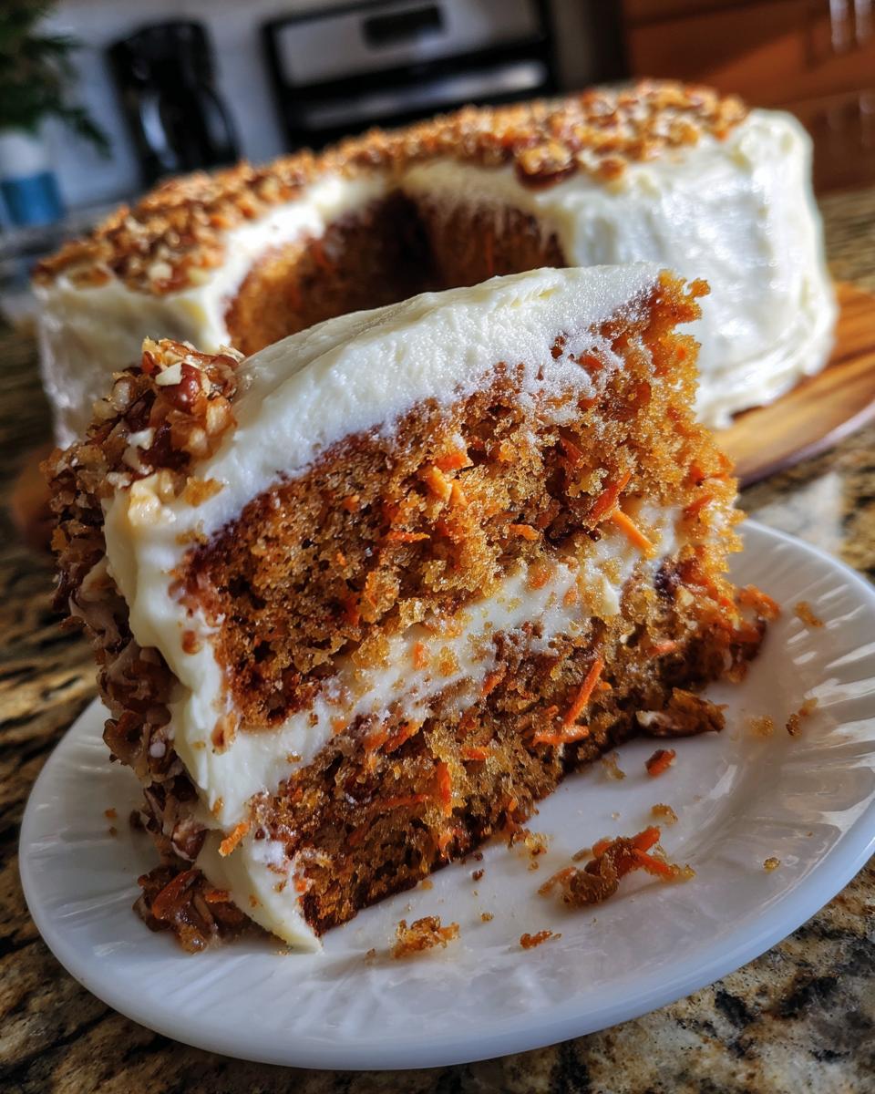 A moist slice of Gordon Ramsay Carrot Cake, featuring layers of spiced cake and cream cheese frosting, topped with chopped nuts.