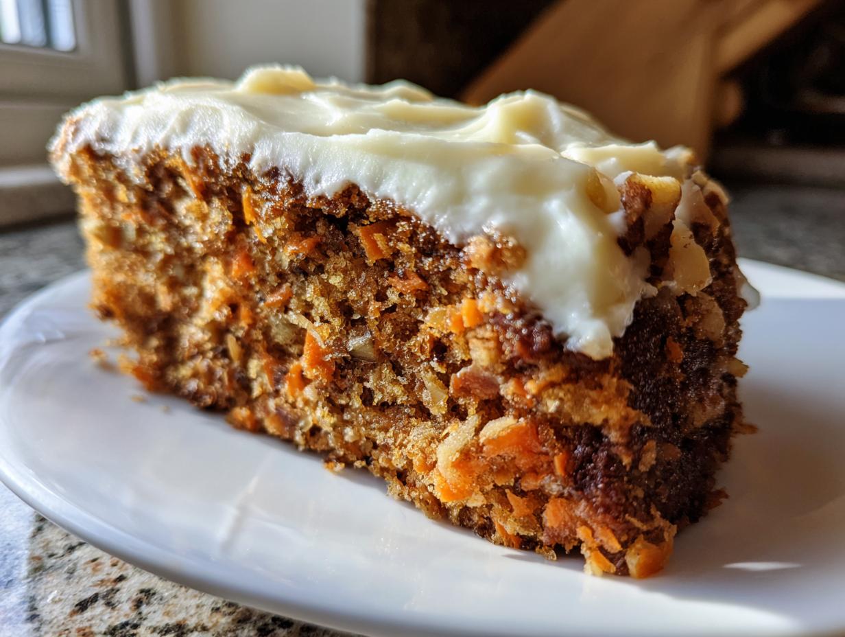 A moist slice of Gordon Ramsay carrot cake topped with creamy frosting and nuts on a white plate.