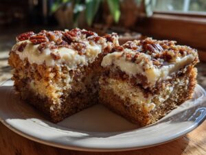Two slices of moist Granny Cake with a creamy frosting and chopped pecans on top, served on a white plate.