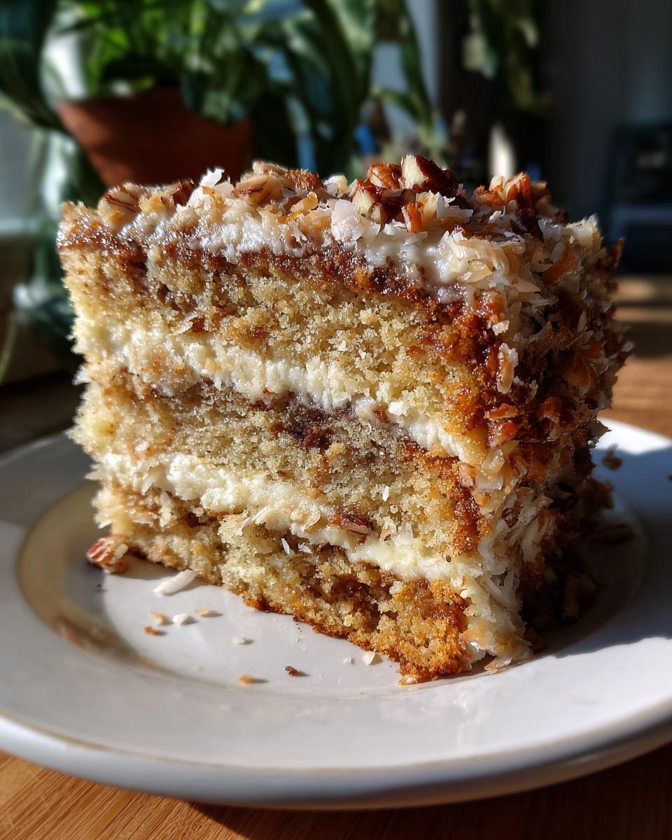 A moist slice of Granny Cake with pineapple, layered with frosting and topped with coconut and nuts.